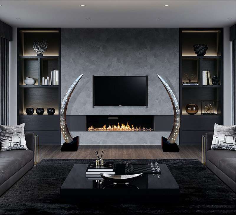 Elephant Aluminium Tusk Pair with Ostrich Eggshell inlay . Mounted on Black wood Stands