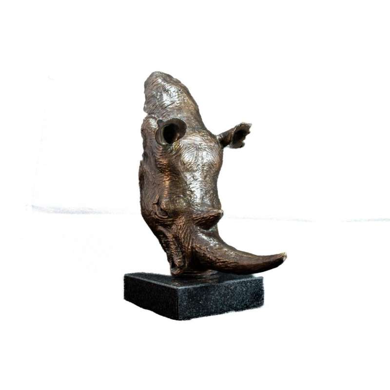 White Rhino Head on Marble Base Bronze Sculpture