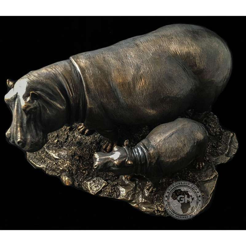 Hippo and Baby Bronzed Sculpture - Kiboko