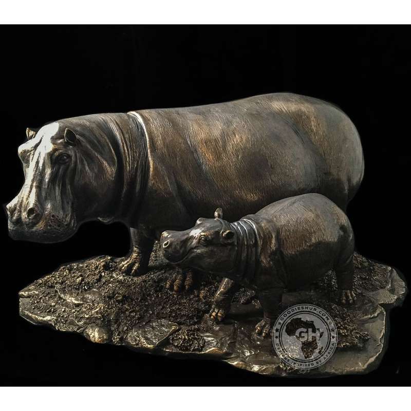 Hippo and Baby Bronzed Sculpture - Kiboko