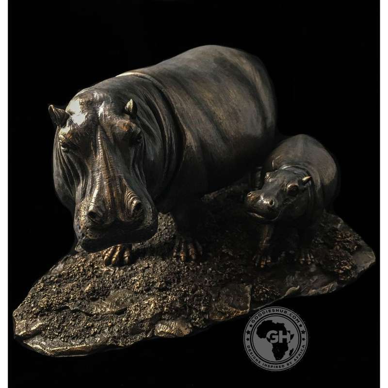 Hippo and Baby Bronzed Sculpture - Kiboko