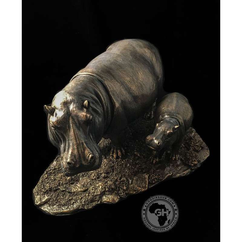 Hippo and Baby Bronzed Sculpture - Kiboko