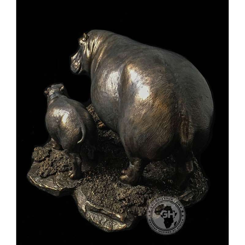 Hippo and Baby Bronzed Sculpture - Kiboko