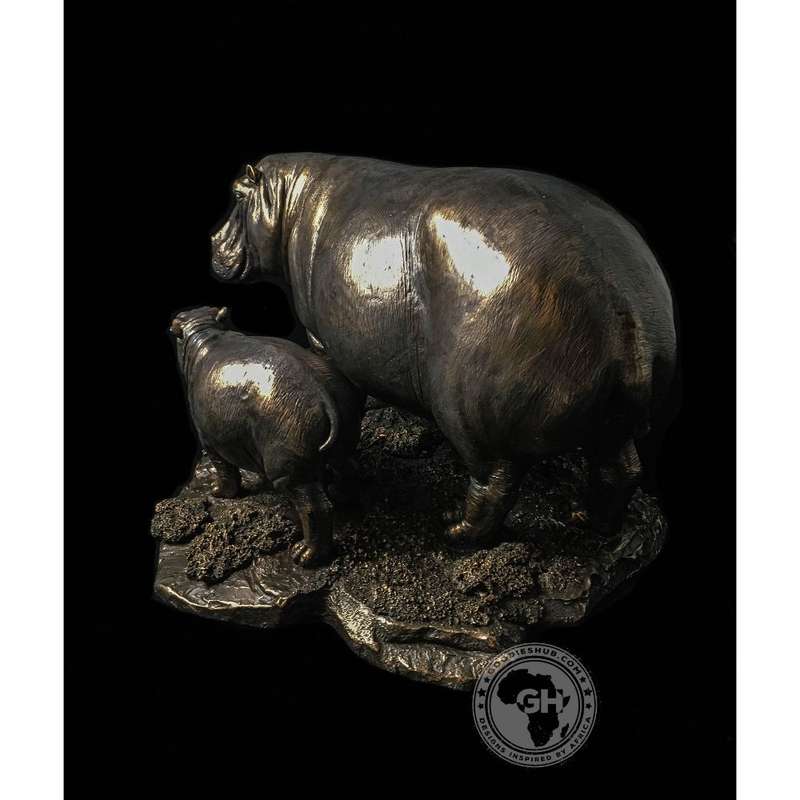 Hippo and Baby Bronzed Sculpture - Kiboko
