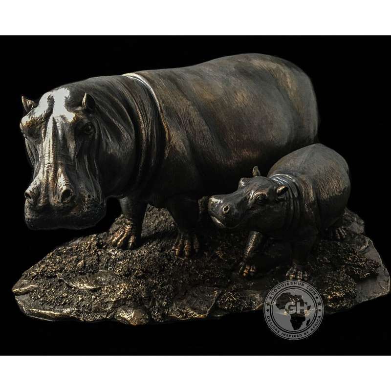 Hippo and Baby Bronzed Sculpture - Kiboko
