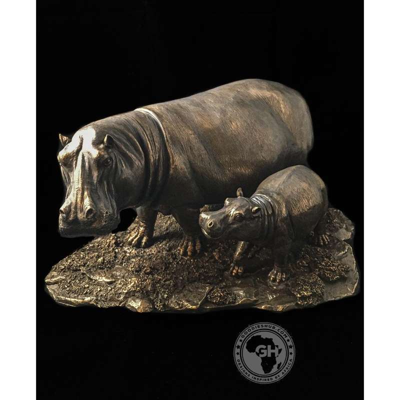 Hippo and Baby Bronzed Sculpture - Kiboko