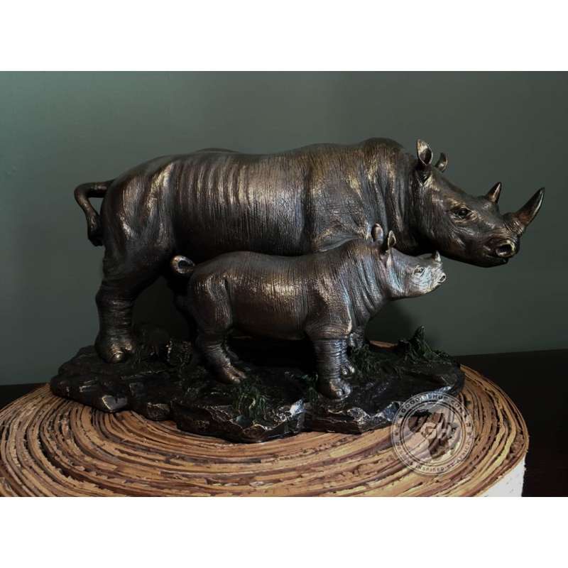 Rhino and Baby Bronzed Sculpture - Faru