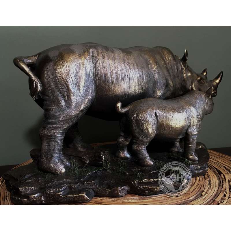 Rhino and Baby Bronzed Sculpture - Faru