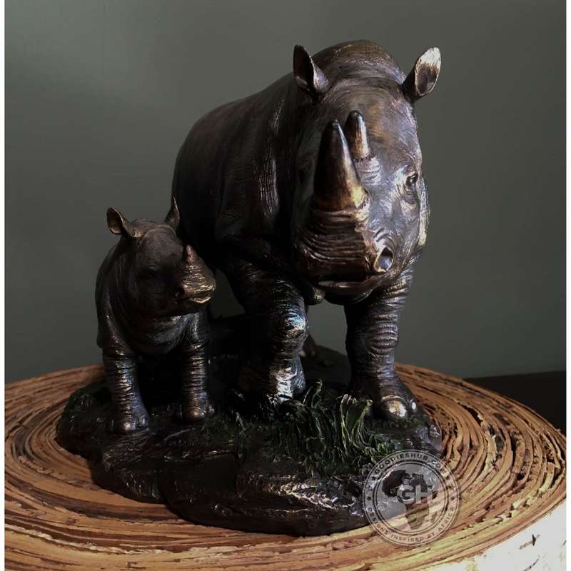 Rhino and Baby Bronzed Sculpture - Faru