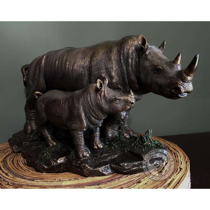 Rhino and Baby Bronzed Sculpture - Faru