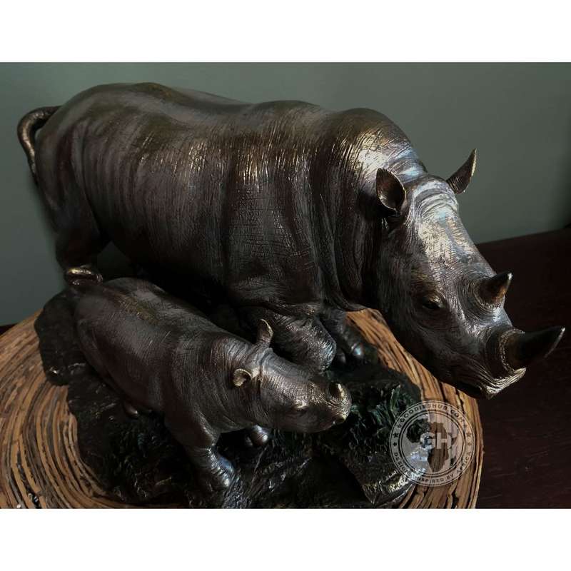 Rhino and Baby Bronzed Sculpture - Faru