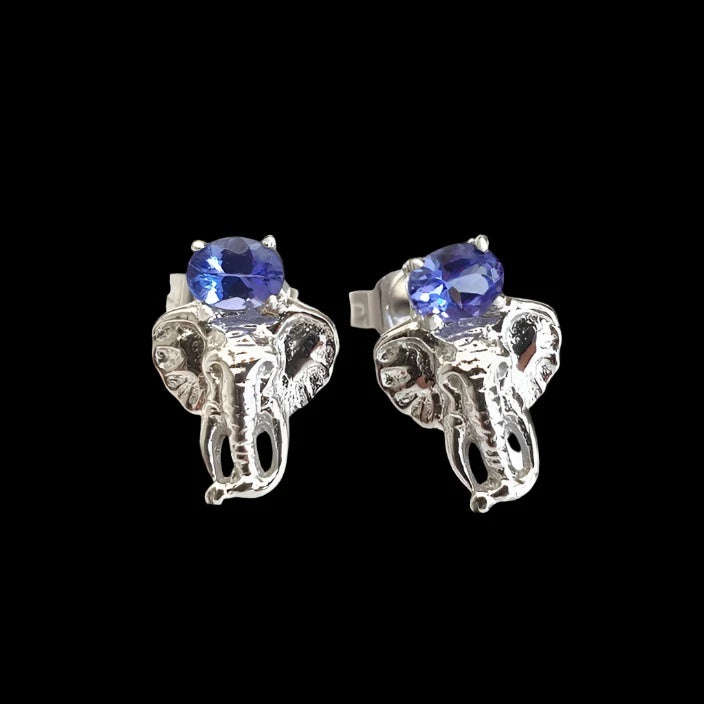 Africa Elephant Head and Tanzanite Earrings Silver