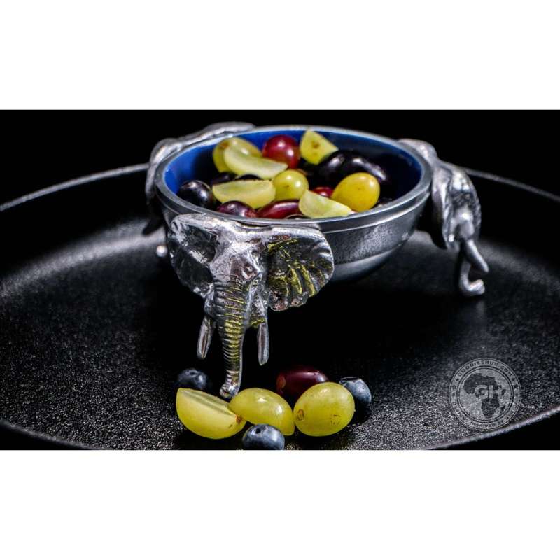 3 Elephant Round Snack Bowl BLUE - Lamu Aluminium Baked Enamel Tableware