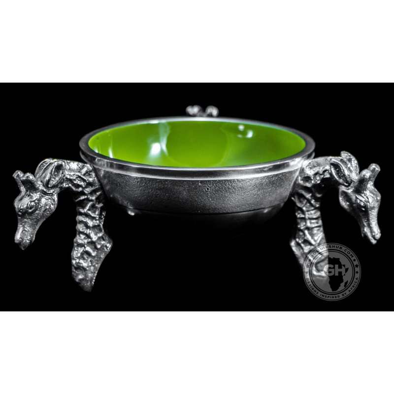 3 Giraffe Round Snack Bowl OLIVE - Lamu Aluminium Baked Enamel Tableware