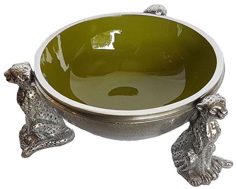 3 Cheetah Round Snack Bowl OLIVE - Lamu Aluminium Baked Enamel Tableware