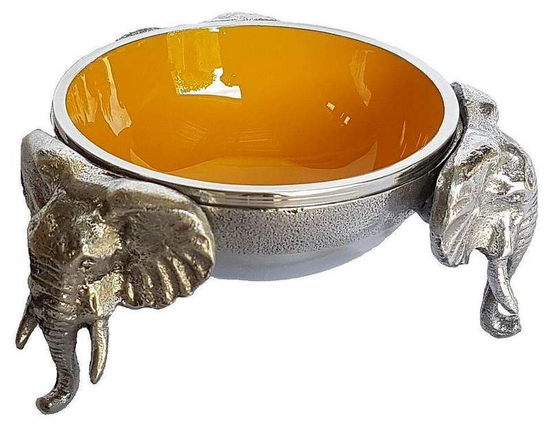 3 Elephant Round Snack Bowl OCHRE - Lamu Aluminium Baked Enamel Tableware