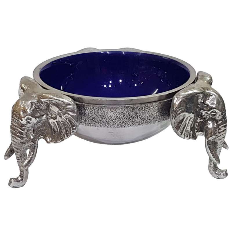 3 Elephant Round Snack Bowl BLUE - Lamu Aluminium Baked Enamel Tableware