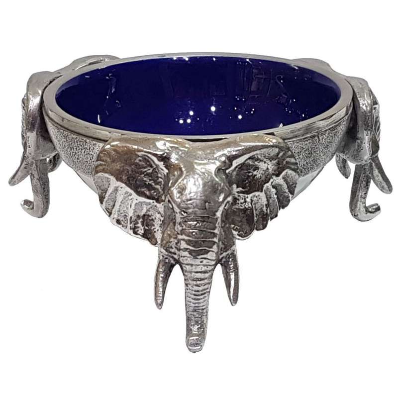 3 Elephant Round Snack Bowl BLUE - Lamu Aluminium Baked Enamel Tableware