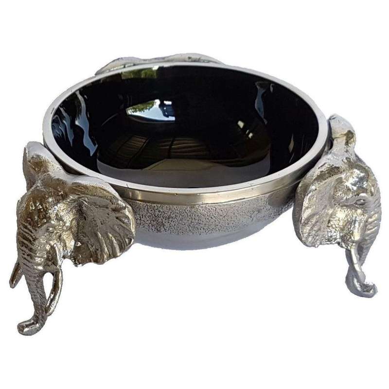 3 Elephant Round Snack Bowl BLACK - Lamu Aluminium Baked Enamel Tableware
