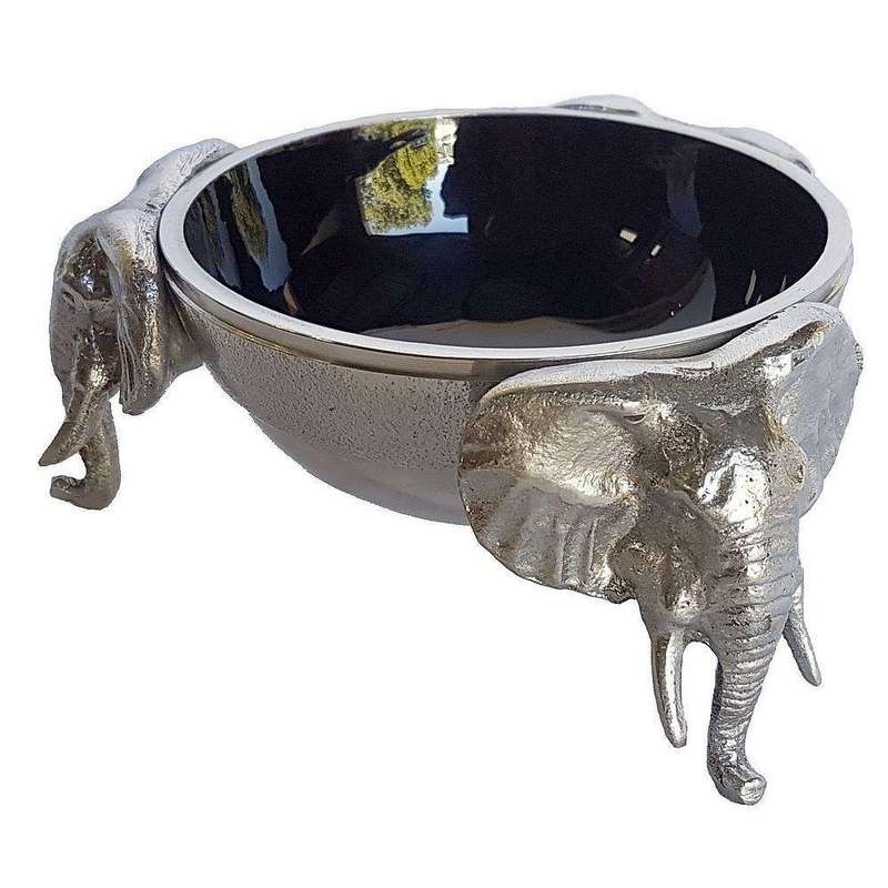 3 Elephant Round Snack Bowl BLACK - Lamu Aluminium Baked Enamel Tableware