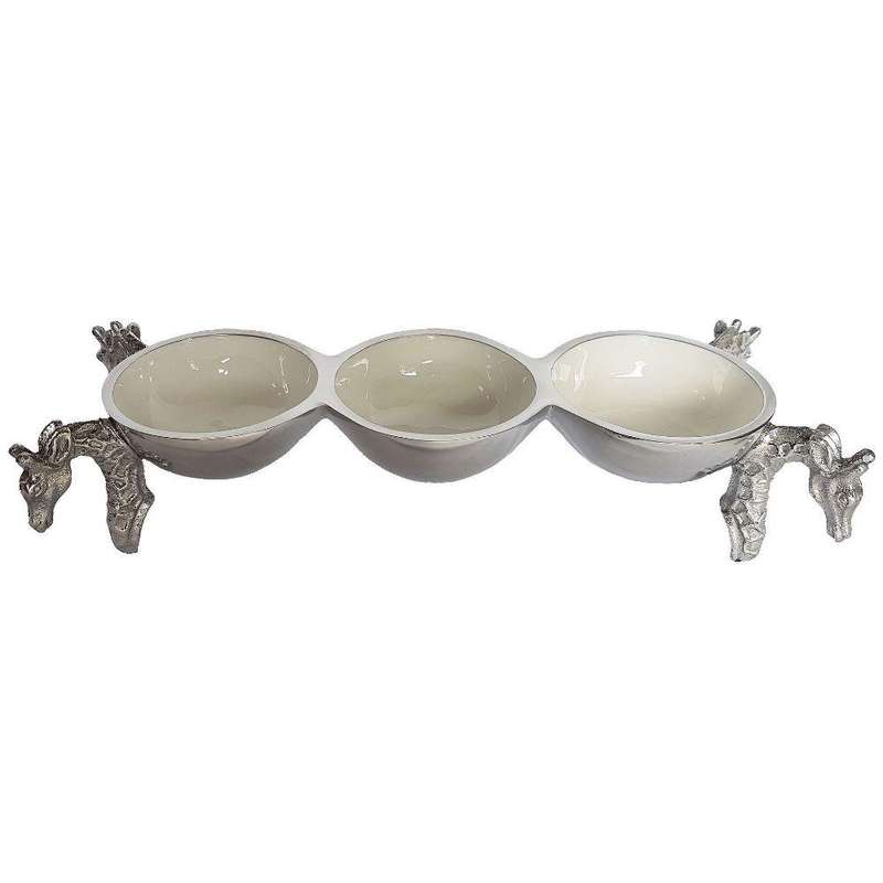 4 Giraffe Triple Bowl WHITE - Lamu Aluminium Baked Enamel Tableware