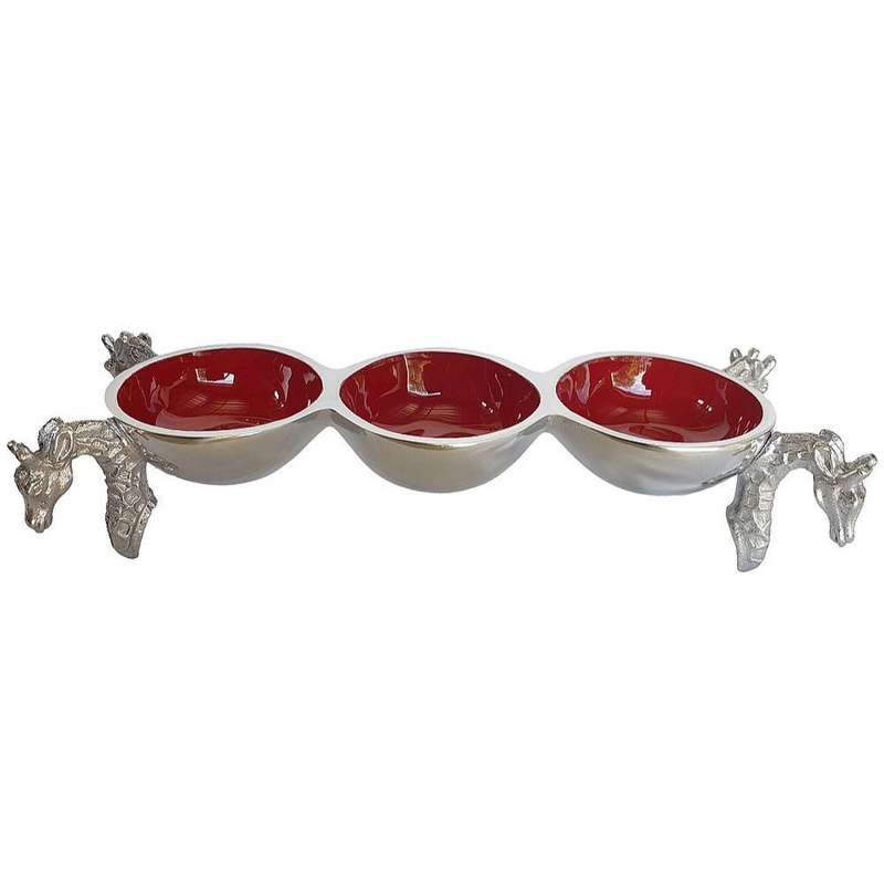 4 Giraffe Triple Bowl RED - Lamu Aluminium Baked Enamel Tableware