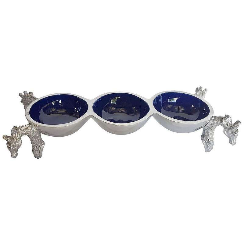 4 Giraffe Triple Bowl BLUE - Lamu Aluminium Baked Enamel Tableware