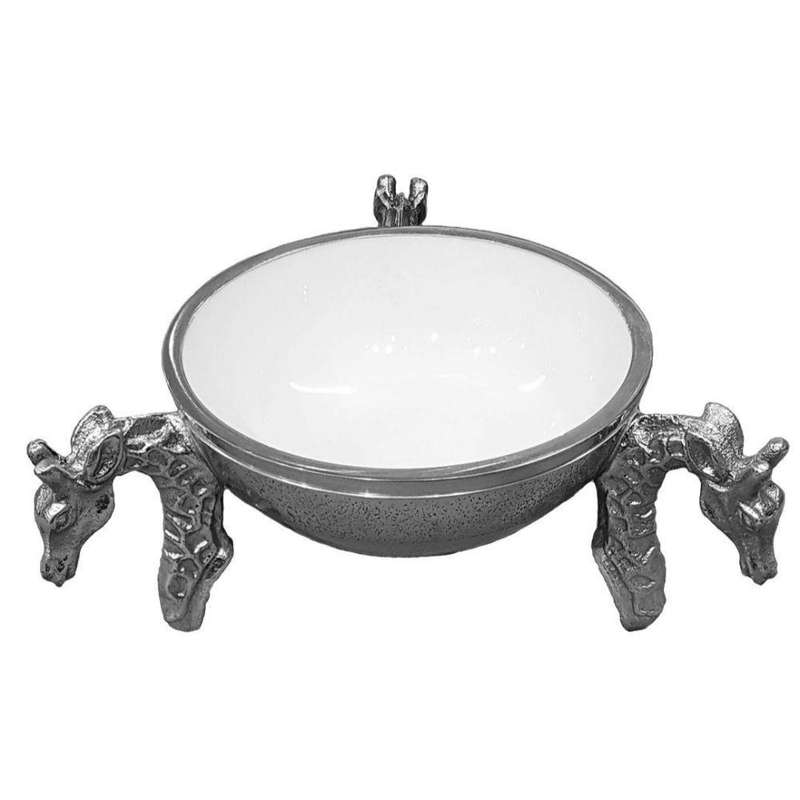 3 Giraffe Round Snack Bowl WHITE - Lamu Aluminium Baked Enamel Tableware