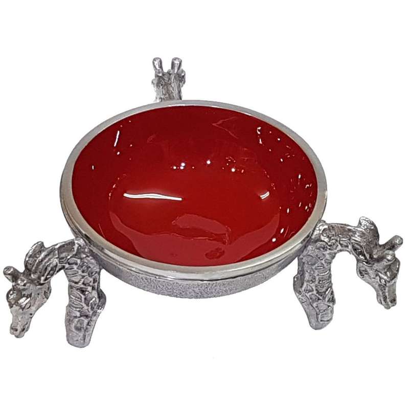 3 Giraffe Round Snack Bowl RED - Lamu Aluminium Baked Enamel Tableware
