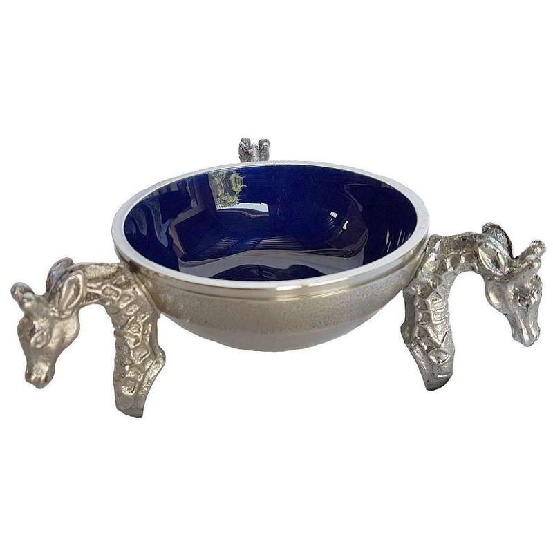 3 Giraffe Round Snack Bowl BLUE - Lamu Aluminium Baked Enamel Tableware