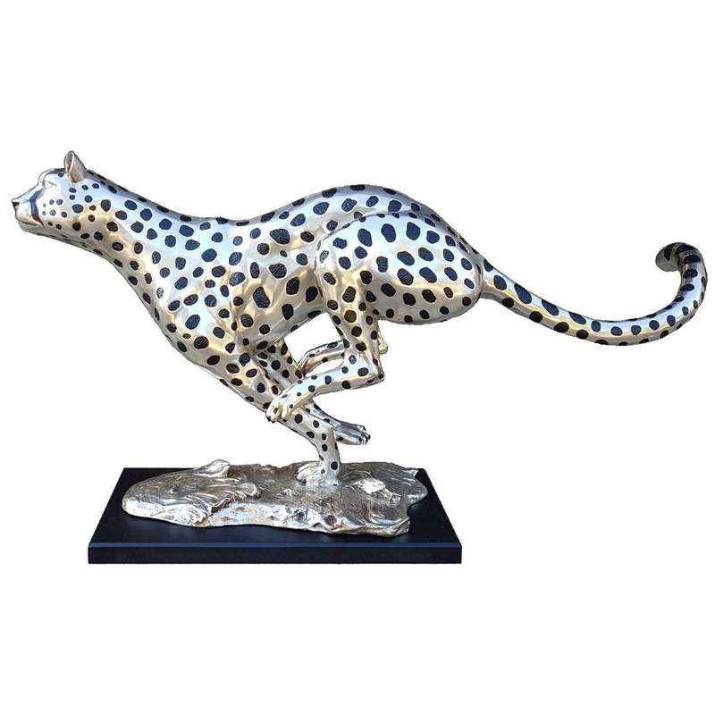 Cheetah Running Large - Silver and Black Sculpture