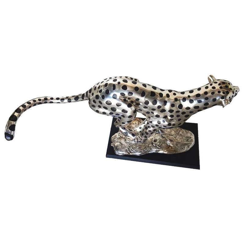 Cheetah Running Large - Silver and Black Sculpture