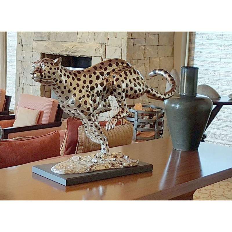 Cheetah Running Large - Silver and Black Sculpture