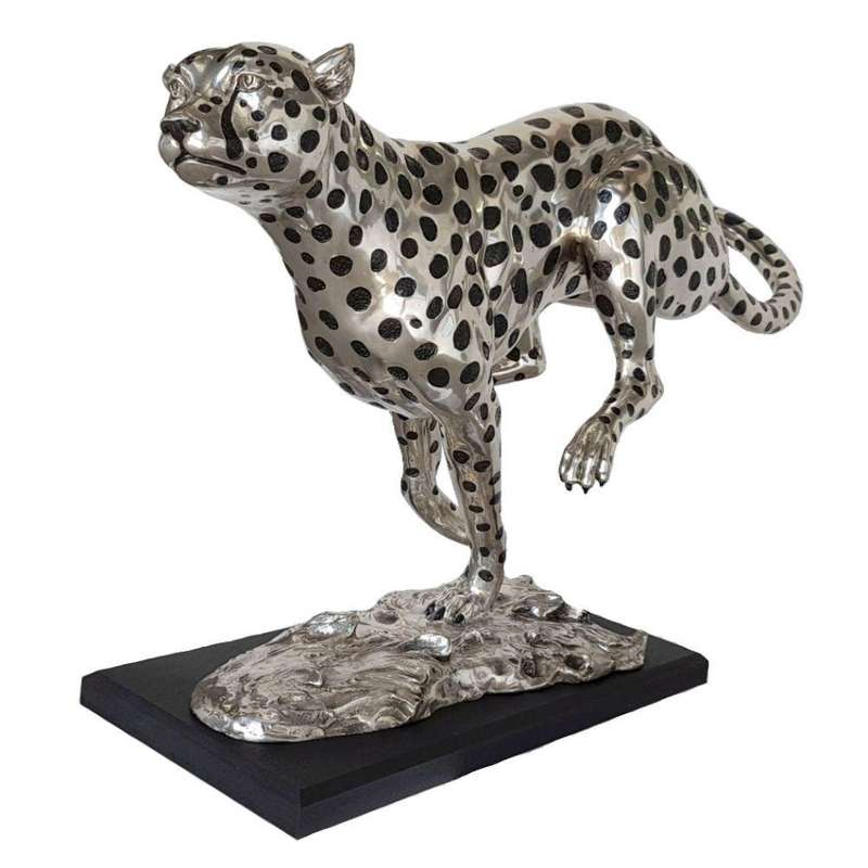 Cheetah Running Large - Silver and Black Sculpture