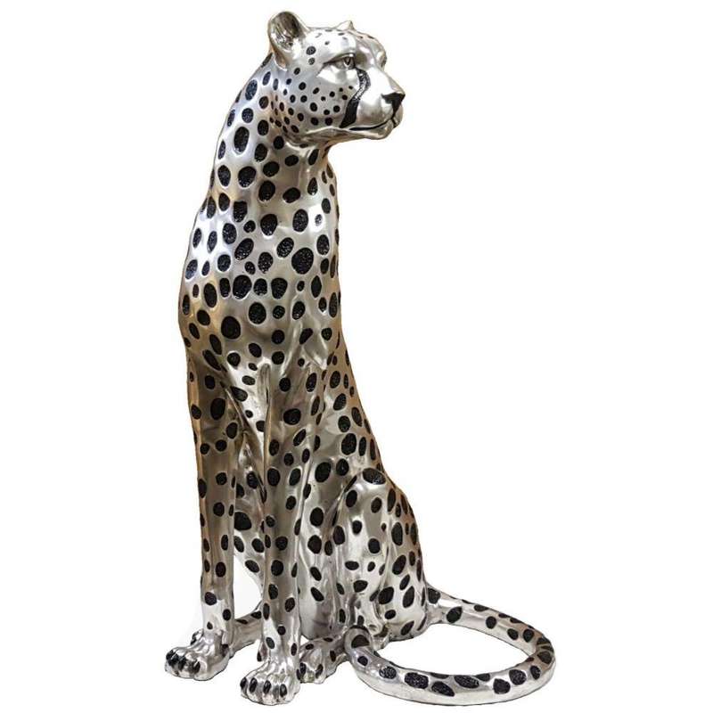 Cheetah Sitting Life Size - Silver and Black Sculpture
