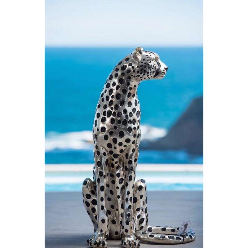 Cheetah Sitting Life Size - Silver and Black Sculpture