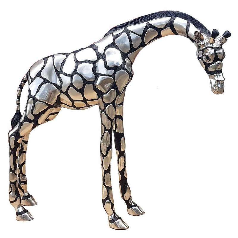 Giraffe Head Down Large - Silver and Black Sculpture