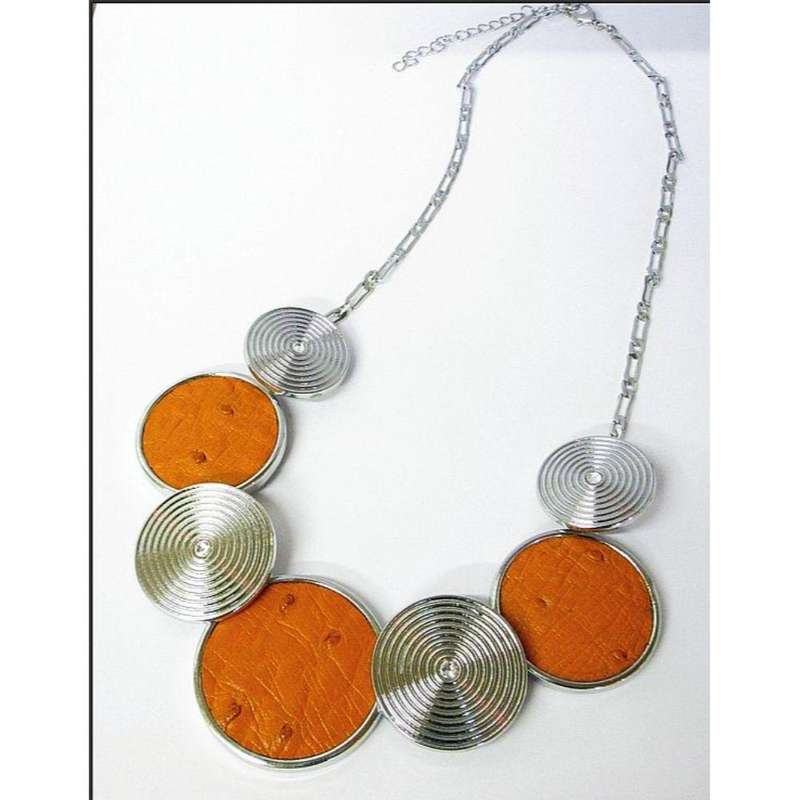 Ostrich Leather Round Necklace - Tangerine