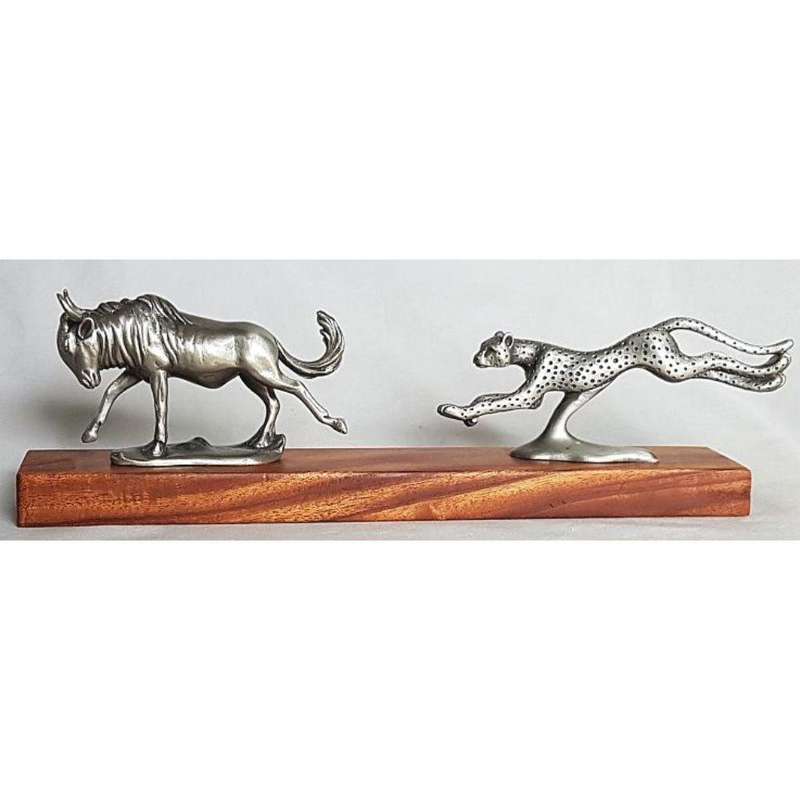 Wildebeest and Cheetah Chase Pewter Sculpture