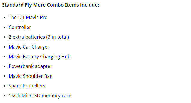 Standard items included with the Mavic Pro Fly More Combo