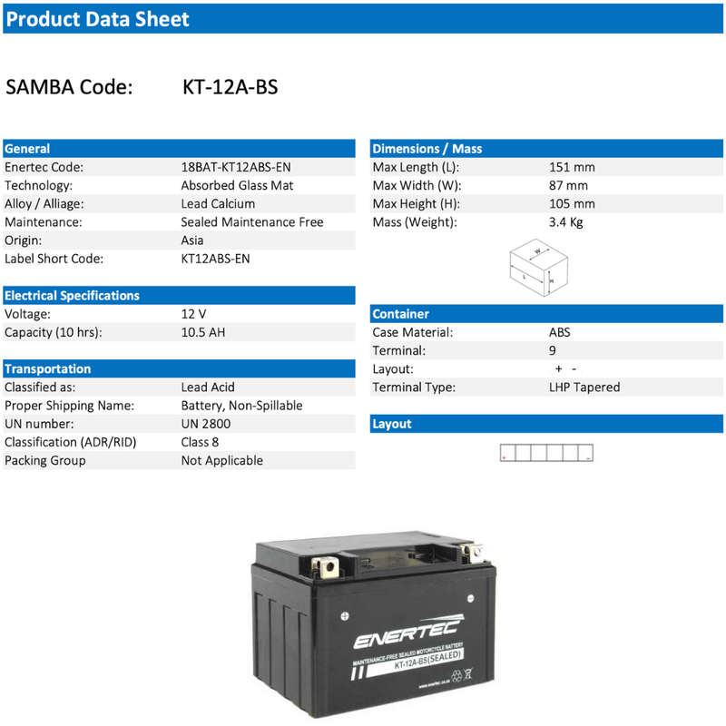 Enertec Battery KT-12A-BS -Motorcycle Battery