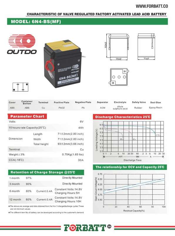 OUTDO 6N4-BS 6V  4Ah Maintenance Free