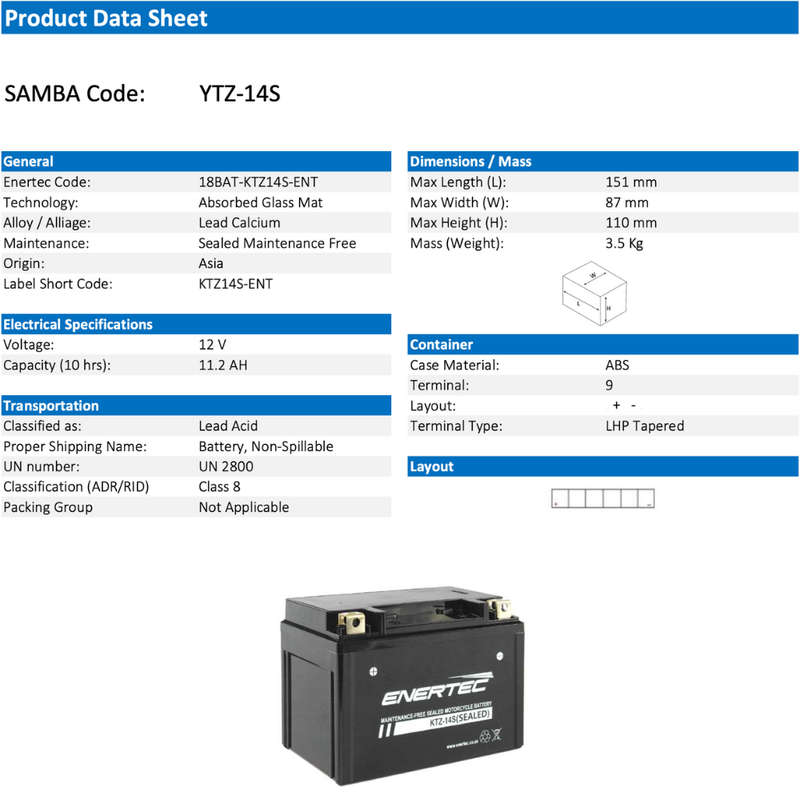Enertec Battery KTZ-14S -Motorcycle Battery