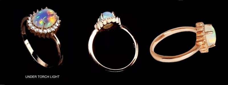 Natural Full Flash Ethiopian Fire Opal White CZ  Solid .925 Sterling, 14 K Rose Gold Ring Size 6