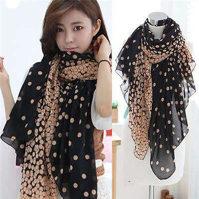 Two Tone Black and Camel Brown With Dot Motif Scarf Wrap
