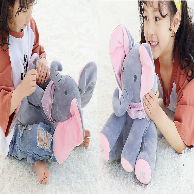 Peek-a-Boo-elephant- Adorable singing and Ears Flapping Plush elephant- Best gift!(Pink and GreY)