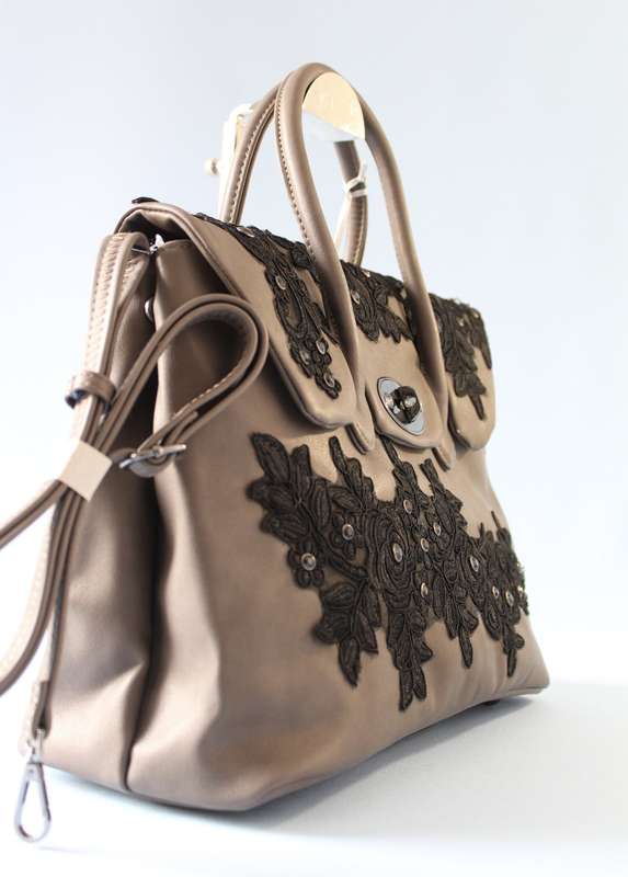 Gorgeous Lace Applique Satchel in Taupe- Step out in Style!
