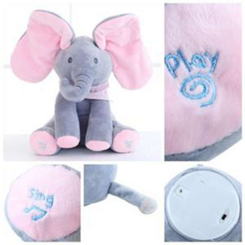 Peek-a-Boo-elephant- Adorable singing and Ears Flapping Plush elephant- Best gift!(Pink and GreY)