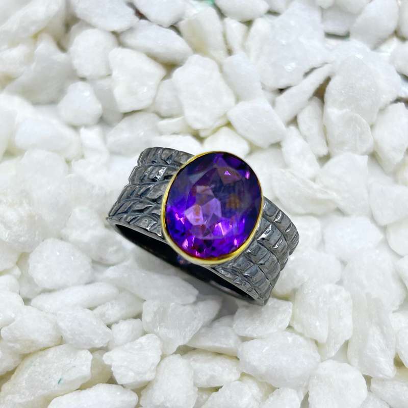 Amethyst Rhodium Plated Sterling Silver Ring