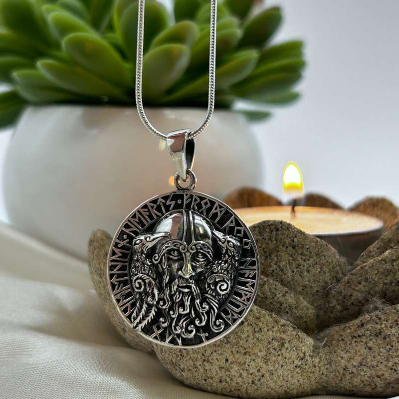 Mens Sterling Silver Pendant - Runes & A Viking Warlord